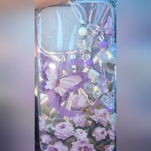 Iphone 15 Pro Purple Butterfly Phone Case with Beaded Charm